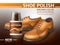 Realistic shoe care poster. Footwear polish cream, brown leather male classic boots with lacing, 3d repair product