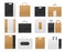Realistic shopping craft paper, white and black bags design mockups. Store packet with cord handles. Supermarket
