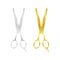 Realistic Silver and Gold Metal Opened Stationery Scissor. Vector stock illustrtion.