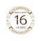 Realistic sixteen years anniversary celebration logo with ring and ribbon on white background. Vector template for your