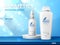 Realistic skin care product poster. 3d cosmetic bottles on glitter shiny background, advertising banner, beauty branded pack
