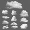 Realistic sky cloud set. Fluffy white foggy climate cloudscape weather. Air cloudy condensation