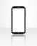 Realistic smartphone template with blank screen isolated on glossy table. Front view of mobile cellphone. Smart phone mock up