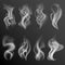 Realistic smoke. White food steam hookah hot tea coffee smoke texture isolated on black background set