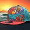 Realistic Snapback Hat With Palm Trees And Sunset Illustration