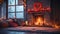 A realistic snapshot of a cozy fireplace with crackling flames