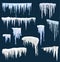 Realistic snow icicles. Icicle ice with snowcap on top. Winter snowing borders for christmas cards design. Frost neve