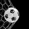 Realistic soccer ball or football ball in net on black background. 3d Style vector Ball.