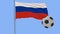 A realistic soccer ball and the realistically fluttering flag of Russia on a blue background, 3d rendering.