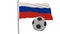 A realistic soccer ball and the realistically fluttering flag of Russia on a white background, 3d rendering.