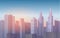 Realistic, soft cartoon cityscape vector background. Beautiful skyline city with skyscrapers in sunset or sunrise vector