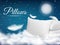 Realistic soft pillow sweet dream poster. White pillows and flying feathers in night sky with clouds. Pithy vector bed