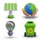 Realistic solar panel, Earth in human hands, light bulb with plant inside, trash can