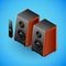 Realistic sound speakers in isometry. Vector isometric illustration of electronic device, speakers with remote control.