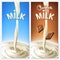 Realistic splash flowing milk or cocoa with chocolate pieces in the blue and brown background. vector design elements