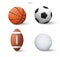 Realistic sports ball set. Basketball, Soccer football, American football and golf.