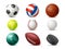 Realistic sports balls. 3D football, tennis, rugby and golf accessories. Basketball, baseball, soccer objects. Different