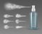 Realistic spray bottle with jet. Cosmetic plastic water aerosol spraying mist clouds. Deodorant or skincare product