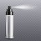 Realistic spray mockup in a metallic silver bottle.