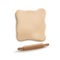 Realistic square piece of rolled dough with wooden rolling pin