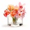 Realistic Square Vase With Light Pink And Orange Flowers On White Background