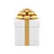 Realistic squared closed gift box decorated by metallic golden bow ribbon 3d template vector