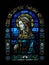 Realistic Stained Glass Window with the image of a woman, dark blue tones