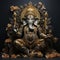 Realistic statue of Ganesha on a dark background, decorated with flowers and gifts. Hindu deity. Diversity of religions
