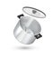 Realistic steel pan. Metallic saucepan with glass transparent lid, empty pot. Isolated kitchenware for boiling products