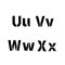 Realistic stencil font with dirty spray paint texture, U V W X latin letters on white