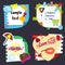 Realistic sticky notes sheets with stickers, sample text and decorative elements. Paper reminders hanging with adhesive