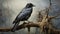 Realistic Still Life Painting Of A Black Crow On Branch