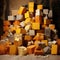 Realistic still lifes of yellow, brown, and orange blocks with dramatic lighting