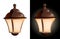 Realistic street lamp with candle inside and translucent glass walls. Lanterns and lighting for holidays. Warm and cozy light.