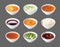 realistic stylized white saucers are filled with colorful appetizing sauces