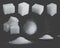 Realistic sugar. 3d glucose in cubes and powder. White grain sugar in spoon, pile top and side views. Sweet fructose