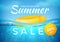 Realistic summer sale poster. End of season sea underwater design banner with waves. Vector label pool colored objects