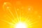 Realistic sun and sunbeams on bright orange tropical sky. Abstract summer sunny sky. Vector background of daytime sunny desert sky