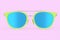 Realistic sunglasess with gradient lens and green plastic frame on pink