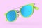 Realistic sunglasess with gradient lens and green plastic frame on pink