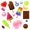 Realistic Sweet candies set. Swirl caramel, assorted circle lollipops, dragee and chocolates, fruit jelly, Sugar clouds