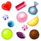 Realistic Sweet candies set. Swirl caramel, assorted circle lollipops, dragee and chocolates, fruit jelly, Sugar clouds