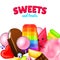 Realistic Sweet candies. Swirl caramel, assorted circle lollipops, dragee and chocolates, fruit jelly, Sugar clouds