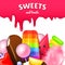 Realistic Sweet candies. Swirl caramel, assorted circle lollipops, dragee and chocolates, fruit jelly, Sugar clouds