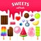 Realistic Sweet candies. Swirl caramel, assorted circle lollipops, dragee and chocolates, fruit jelly, Sugar clouds