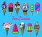 Realistic Sweet ice cream with caramel and waffle cone, chocolate and lollipops and strawberry, fruit jelly and