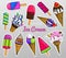 Realistic Sweet ice cream with caramel and waffle cone, chocolate and lollipops and strawberry, tasty fruit jelly and