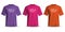 Realistic T-Shirt short sleeve front view purple pink orange set collection and simple text on white background vector