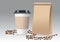 Realistic take away paper coffee cup and brown paper bag with coffee beans. Vector illustration.
