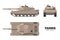 Realistic tank blueprint. Armored car on white background. Top, side, front views. Army weapon. War camouflage transport